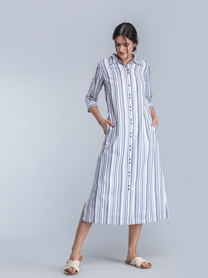 Striped Linen Maxi Shirt Dress - White and Blue