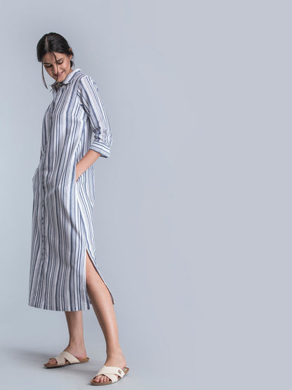Striped Linen Maxi Shirt Dress - White and Blue