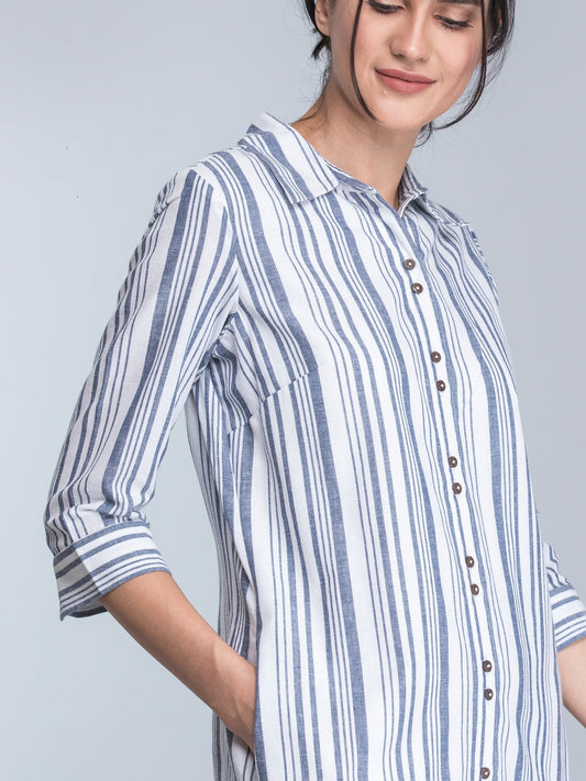 Striped Linen Maxi Shirt Dress - White and Blue
