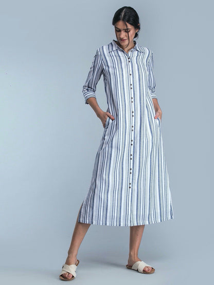 Striped Linen Maxi Shirt Dress - White and Blue