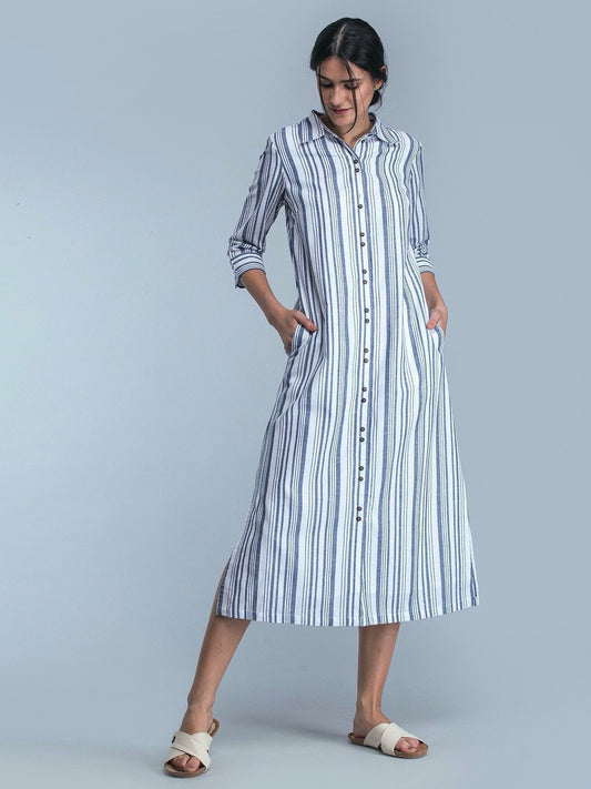 Striped Linen Maxi Shirt Dress - White and Blue