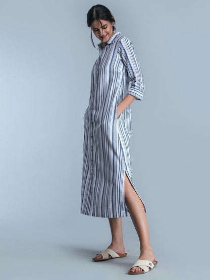 Striped Linen Maxi Shirt Dress - White and Blue