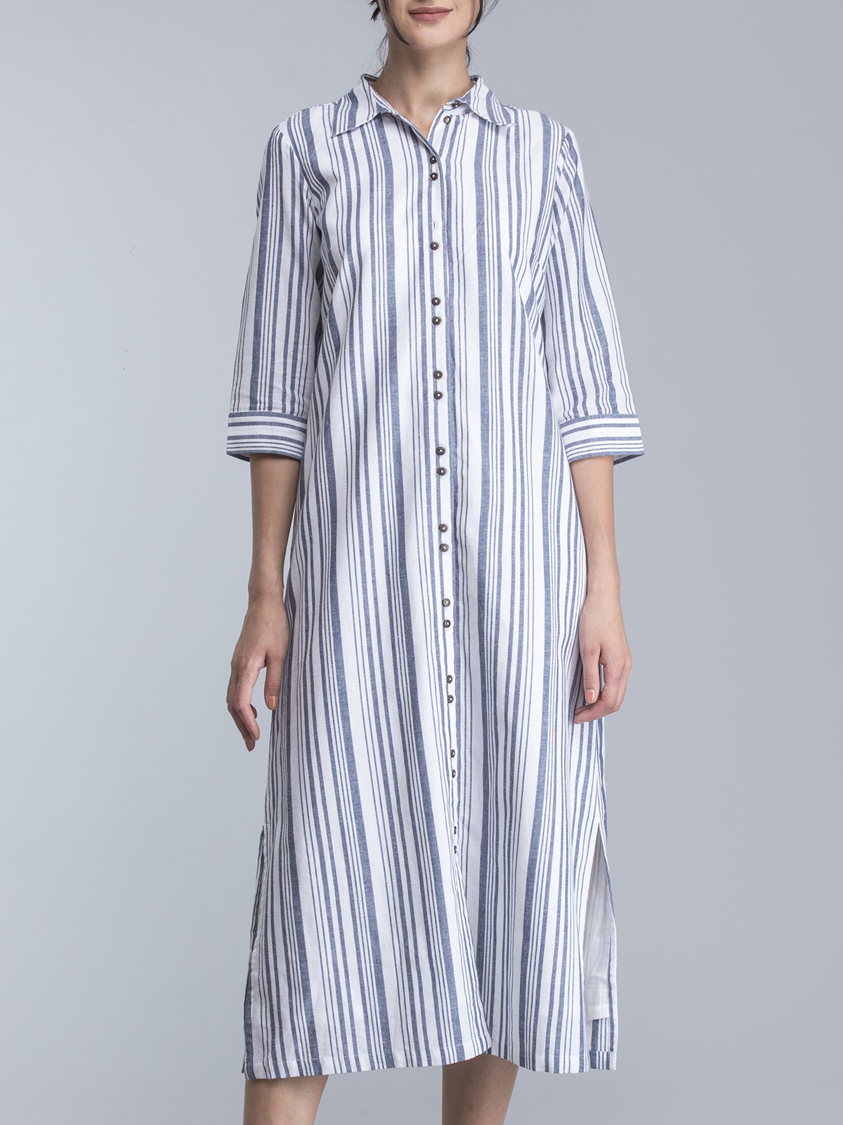 Striped Linen Maxi Shirt Dress - White and Blue