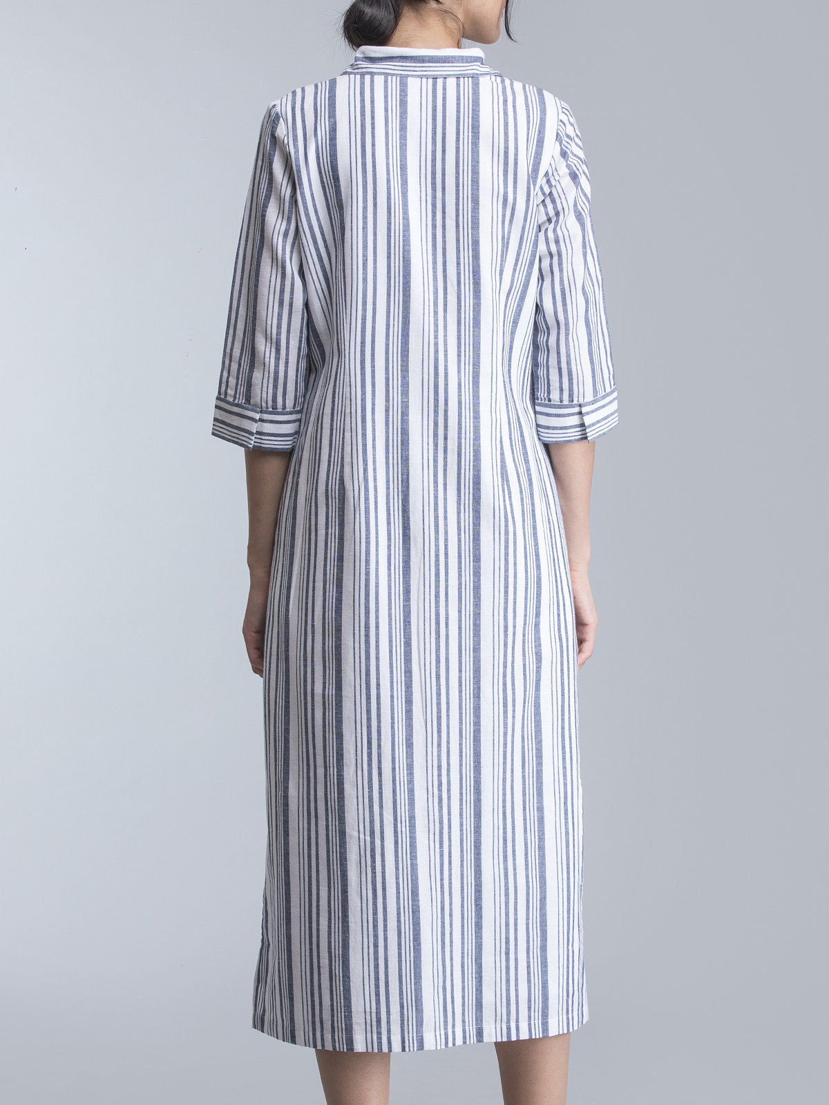 Striped Linen Maxi Shirt Dress - White and Blue