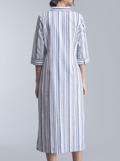 Striped Linen Maxi Shirt Dress - White and Blue
