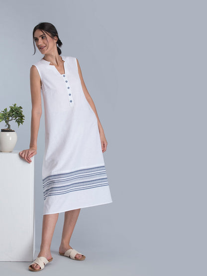 Striped Linen Midi Dress - White and Blue