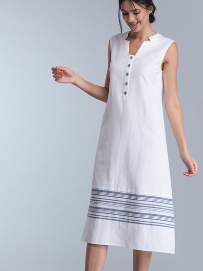 Striped Linen Midi Dress - White and Blue