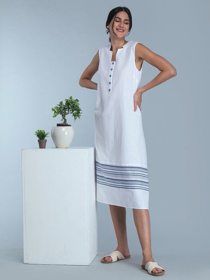 Striped Linen Midi Dress - White and Blue