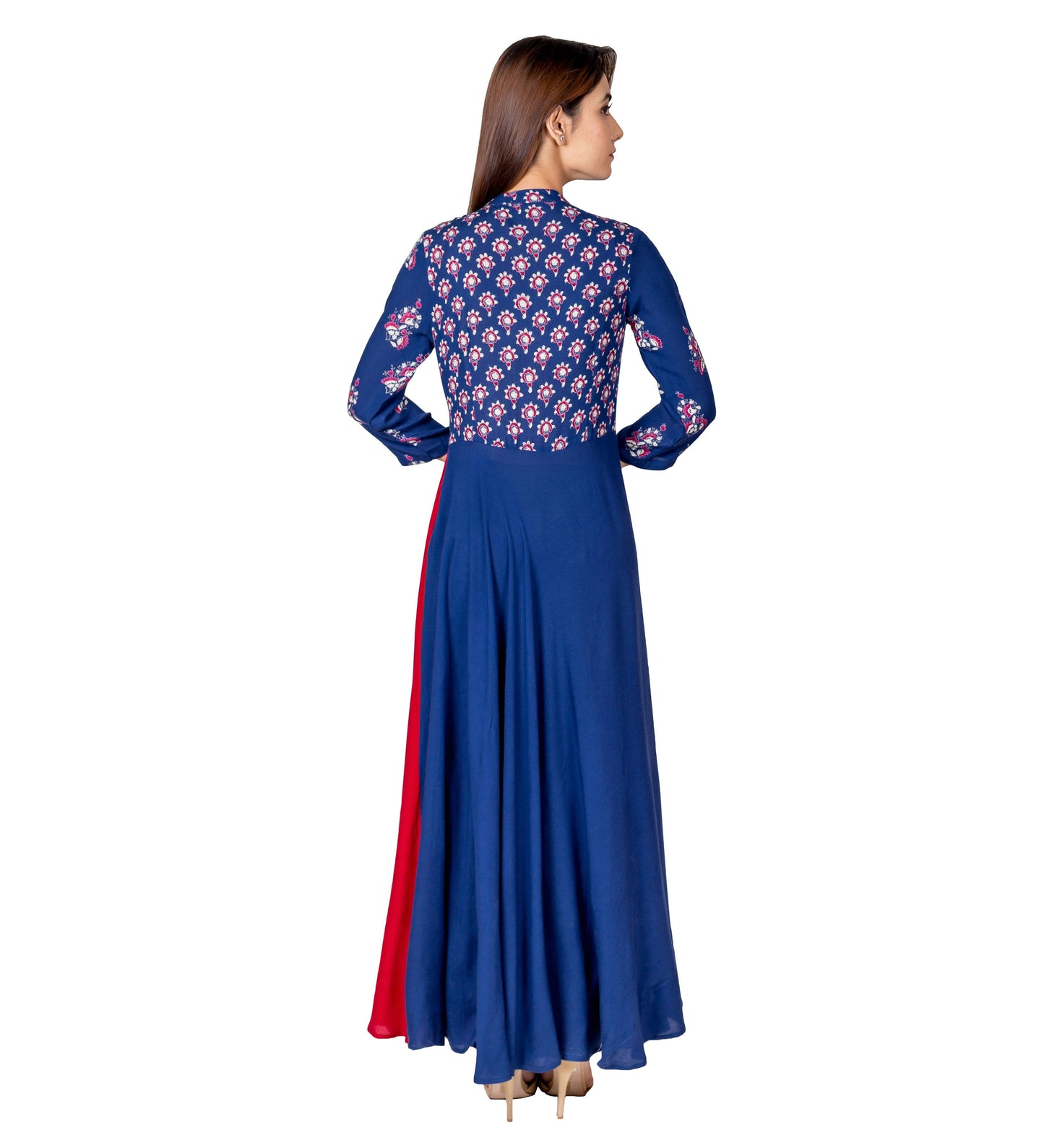 Blue and Red Hand Block Printed Indo Western Long Dress