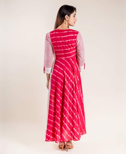 Red Tie And Dye Hand Block Printed Dress