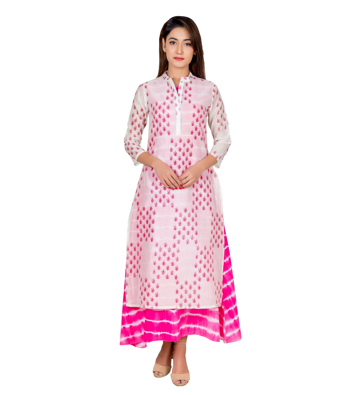 Pink and White Tie Dye Hand Block Printed Chanderi Indo Western Dress