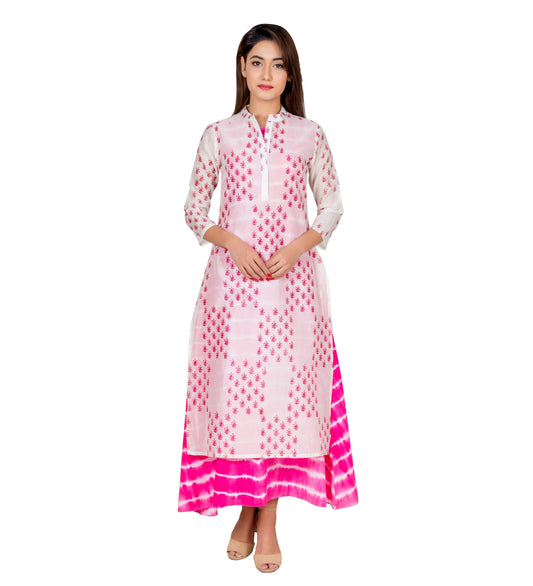 Pink and White Tie Dye Hand Block Printed Chanderi Indo Western Dress