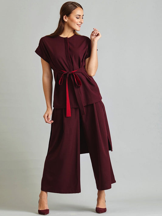 Back Overlay Pleated Wide Leg Culottes - Maroon