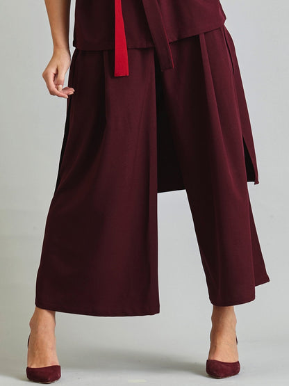 Back Overlay Pleated Wide Leg Culottes - Maroon
