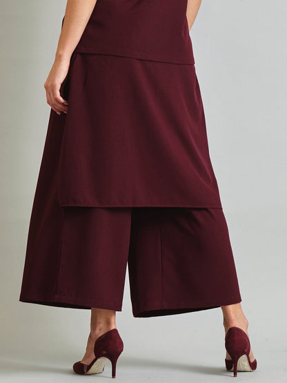 Back Overlay Pleated Wide Leg Culottes - Maroon