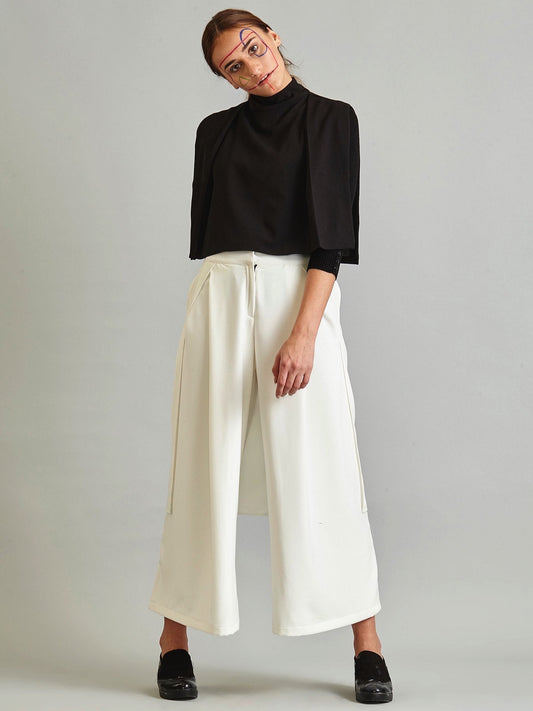 Back Overlay Pleated Wide Leg Culottes - Off White