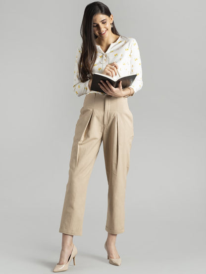 Knife Pleat Straight Turn-up Trousers - Beige