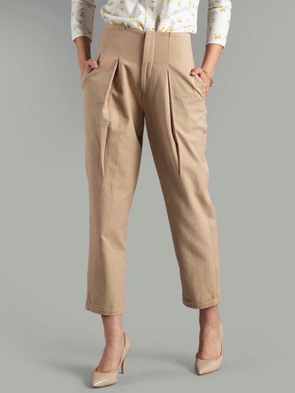 Knife Pleat Straight Turn-up Trousers - Beige