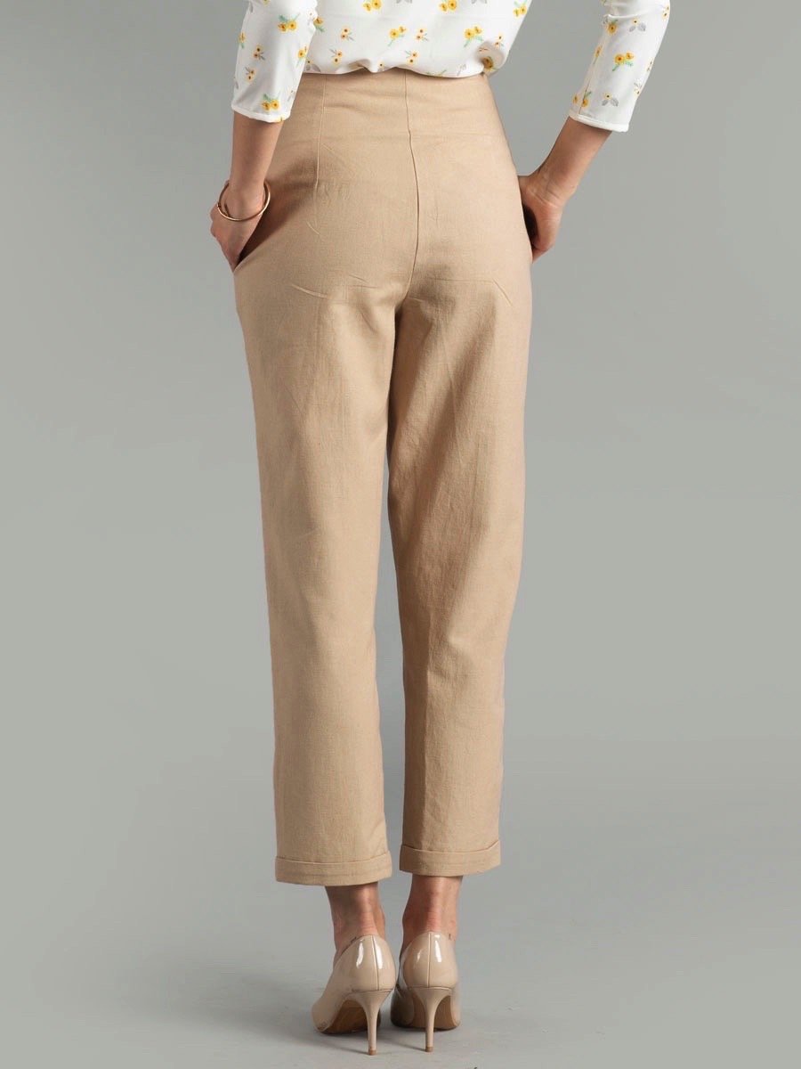 Knife Pleat Straight Turn-up Trousers - Beige