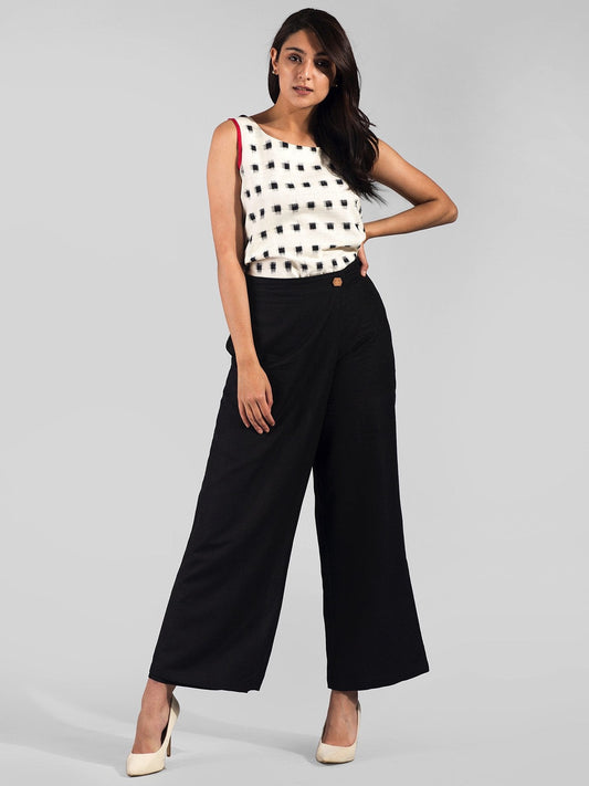 Wide Leg Front Overlay Trousers - Black