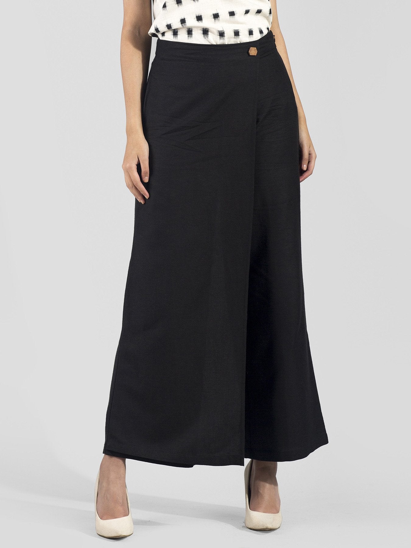 Wide Leg Front Overlay Trousers - Black