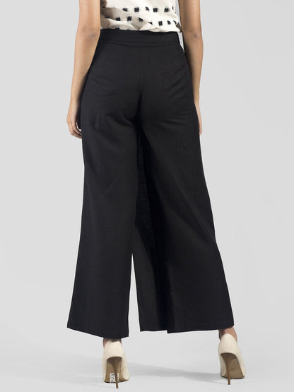Wide Leg Front Overlay Trousers - Black