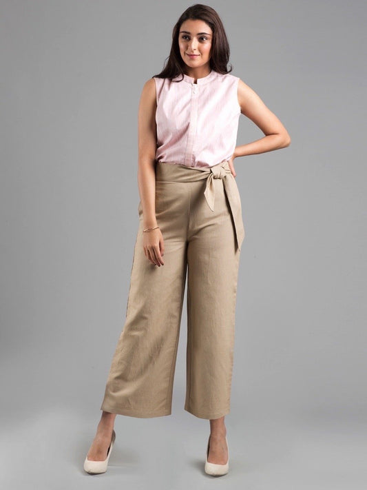 Linen Wide Leg Culottes With Belt - Beige