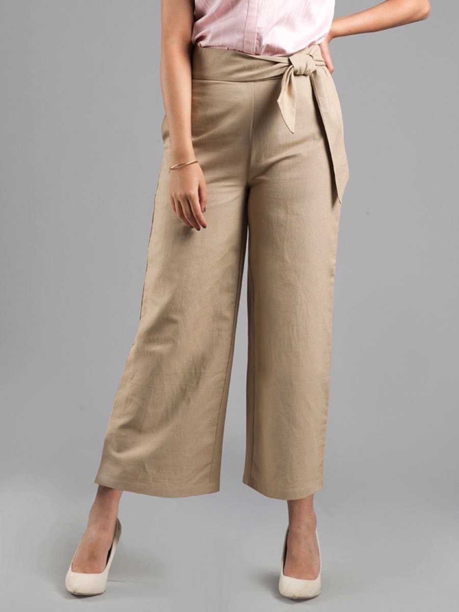 Linen Wide Leg Culottes With Belt - Beige