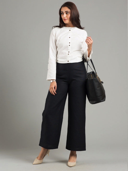 Linen Wide Leg Culottes With Belt - Black