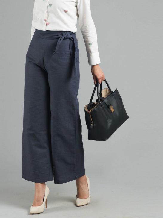 Linen Wide Leg Culottes With Belt - Slate Blue