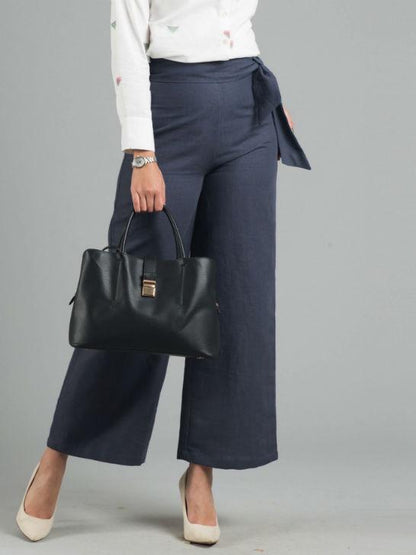 Linen Wide Leg Culottes With Belt - Slate Blue