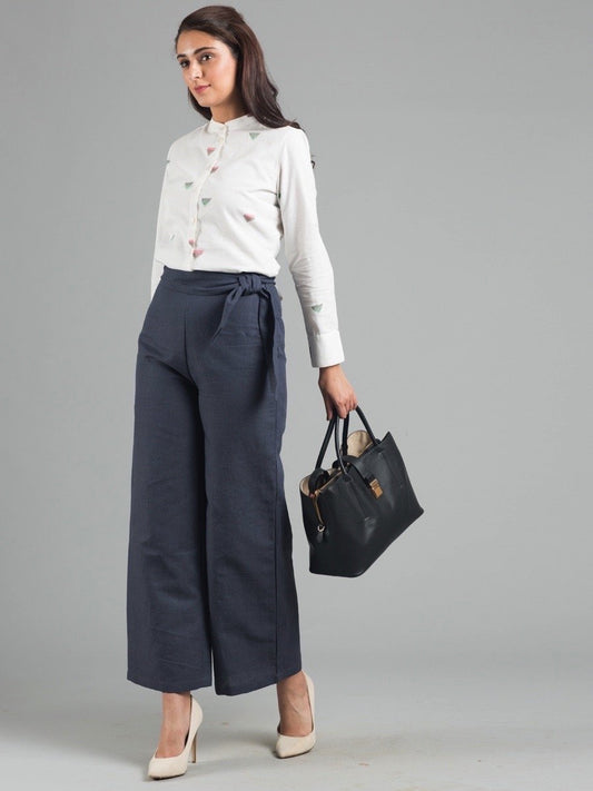 Linen Wide Leg Culottes With Belt - Slate Blue