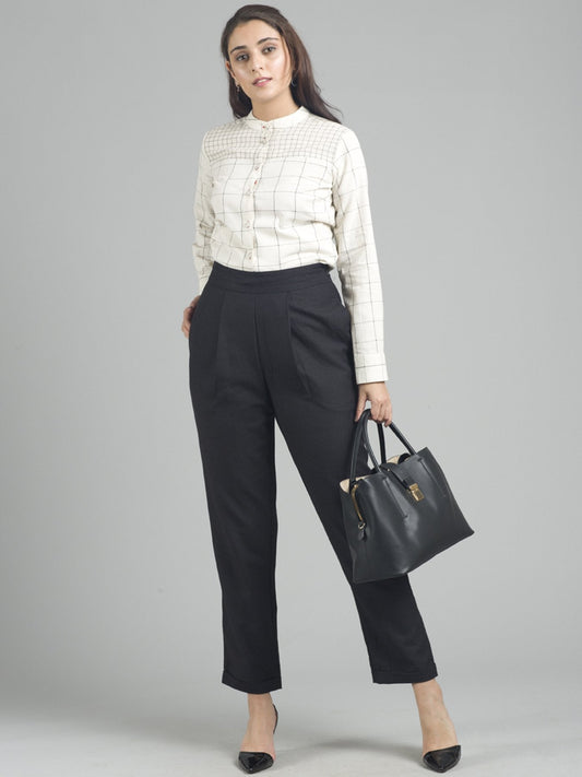 High Waist Side Zipper Turn Up Trousers - Black