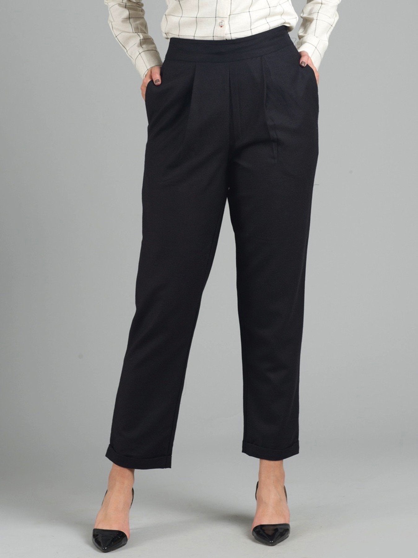 High Waist Side Zipper Turn Up Trousers - Black