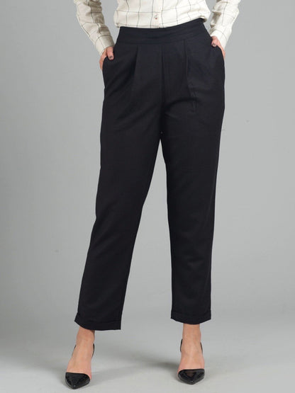 High Waist Side Zipper Turn Up Trousers - Black