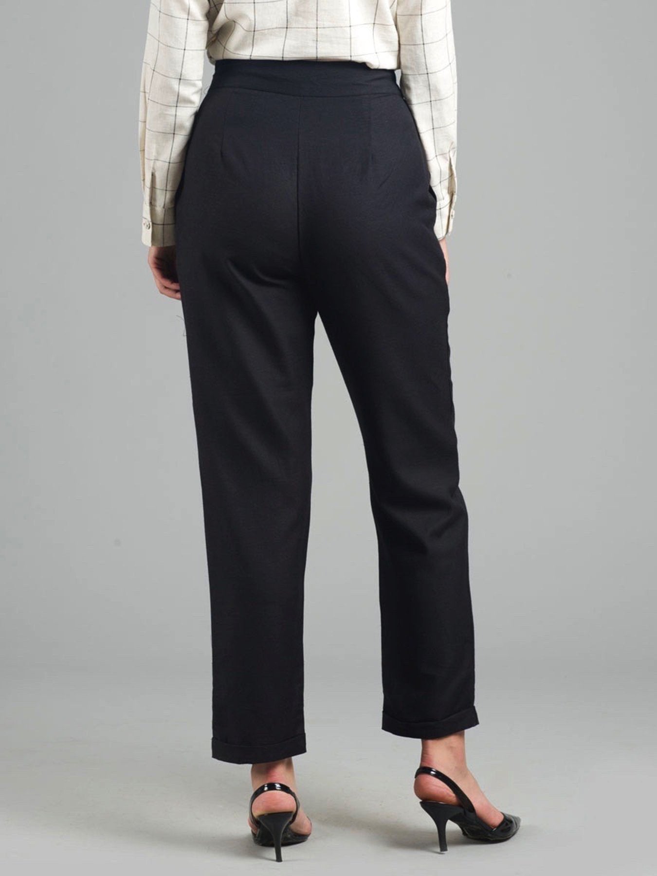 High Waist Side Zipper Turn Up Trousers - Black