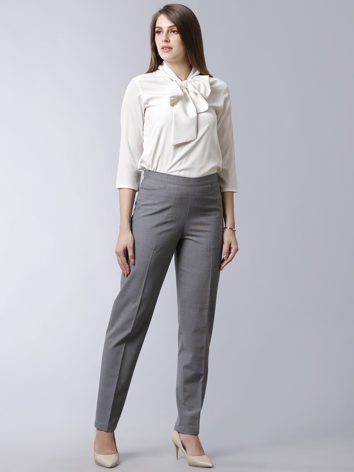 Formal Straight Fit Pants With Front Crease - Grey