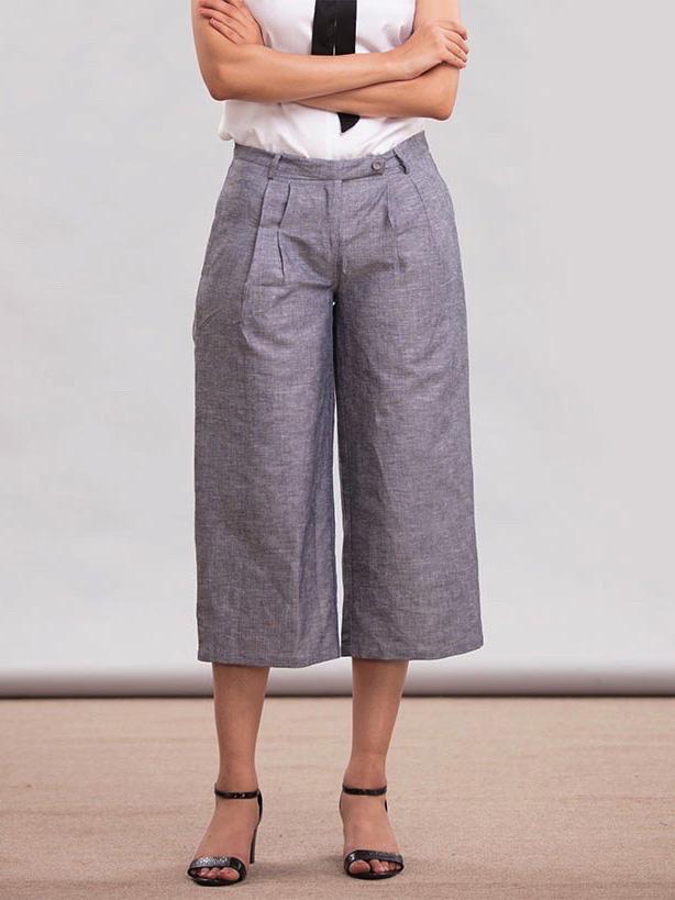 Relaxed Linen Culottes - Black Chambray