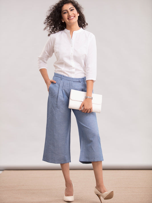 Relaxed Linen Culottes - Chambray Blue