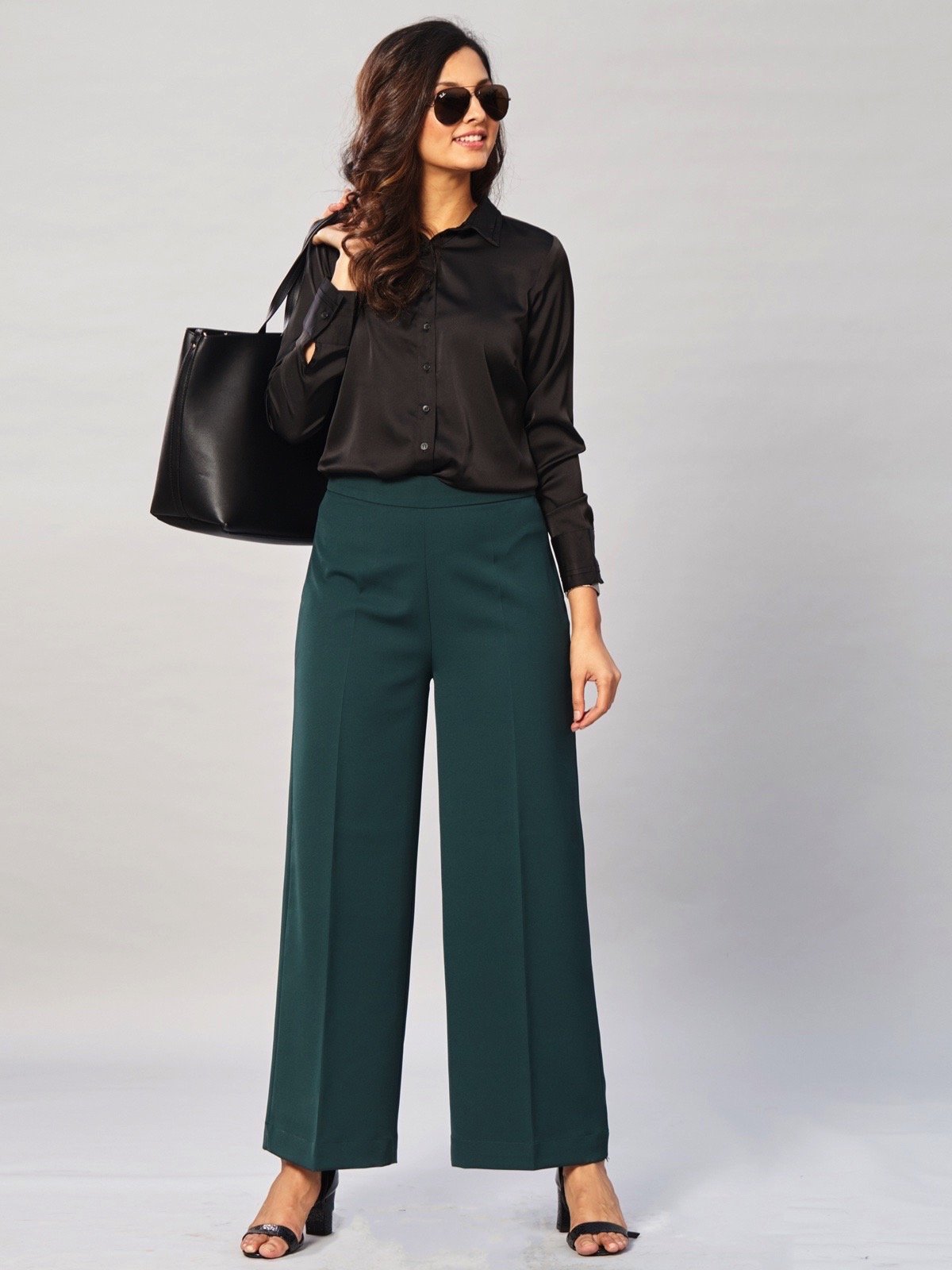 High Waist Wide Leg  Trousers - Bottle Green