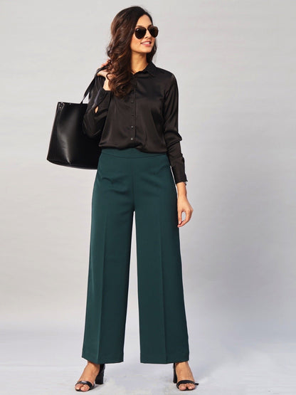 High Waist Wide Leg  Trousers - Bottle Green