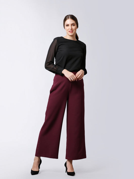 High Waist Wide Leg  Trousers - Maroon