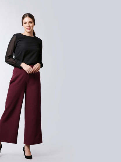 High Waist Wide Leg  Trousers - Maroon