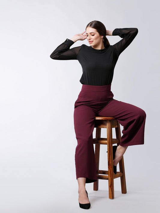 High Waist Wide Leg  Trousers - Maroon