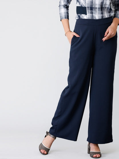 High Waist Wide Leg  Trousers - Navy