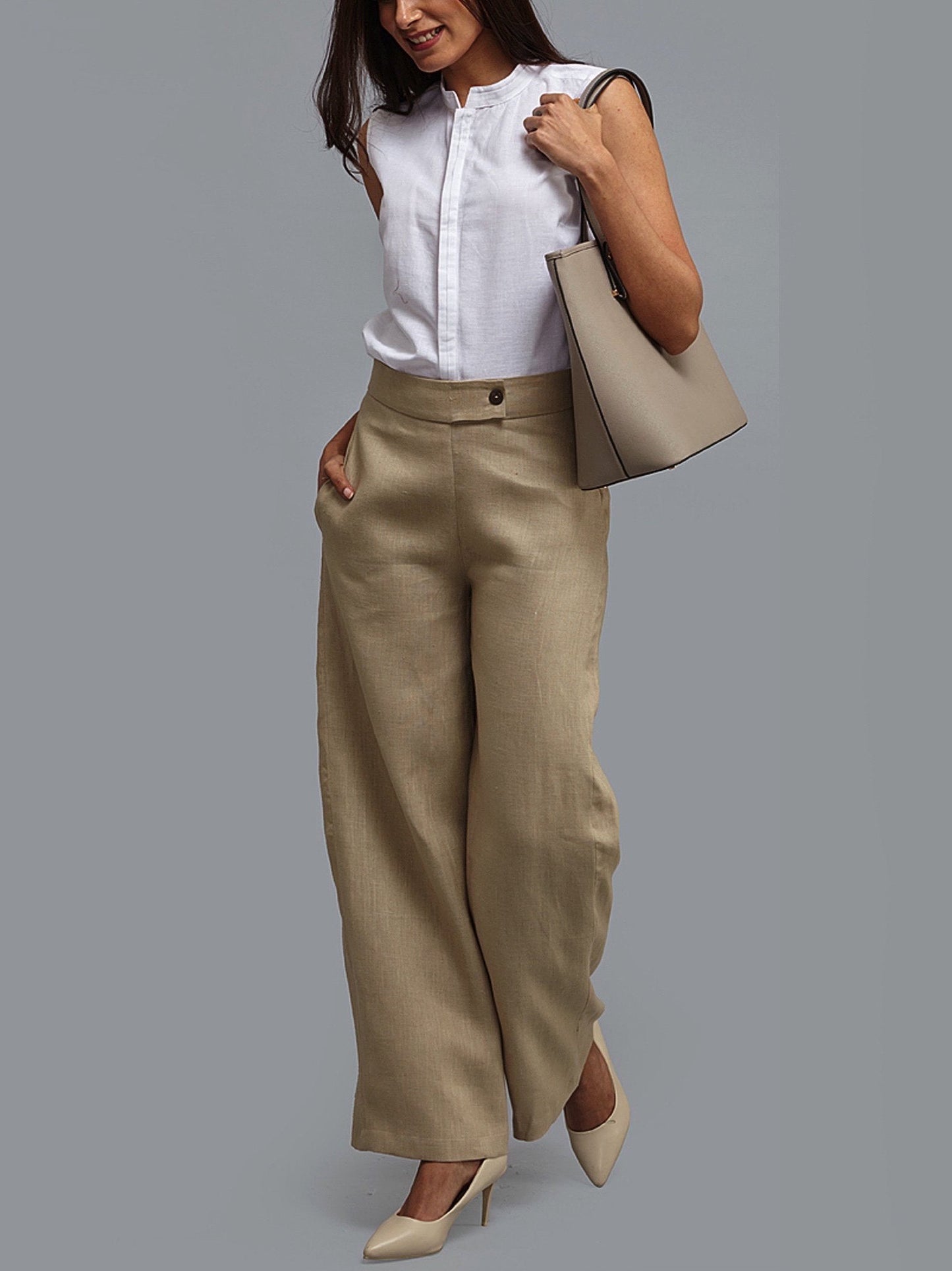 Linen Wide Leg Trousers - Pale Beige