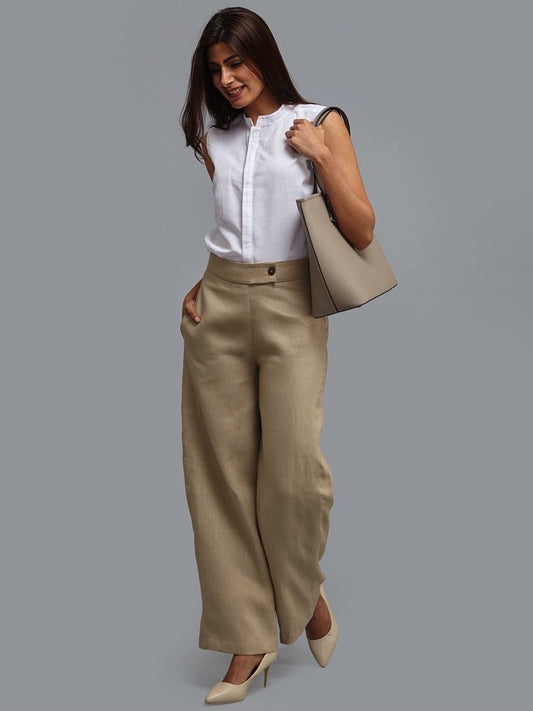 Linen Wide Leg Trousers - Pale Beige