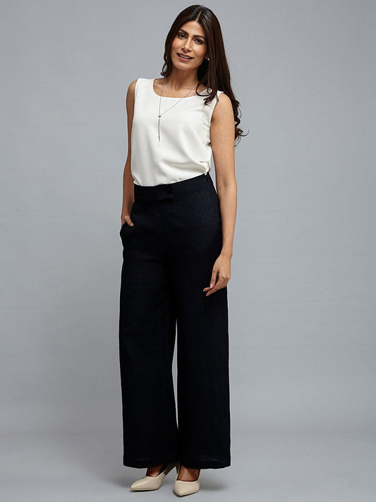 Linen Wide Leg Trousers - Midnight Blue