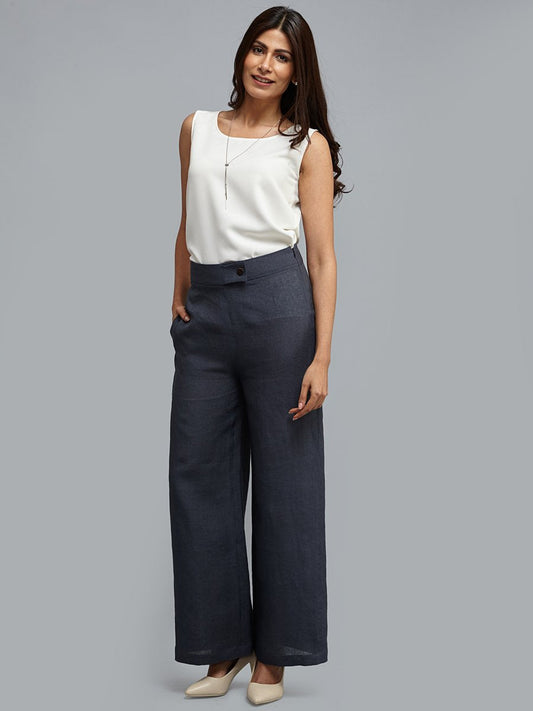 Linen Wide Leg Trousers - Slate Blue