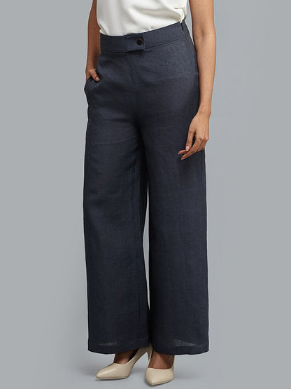 Linen Wide Leg Trousers - Slate Blue